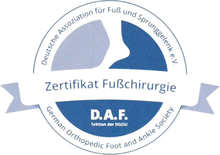 Zertifikat Fußchirurgie (D.A.F.) Zertifikat Fußchirurgie der Deutschen Assoziation für Fuß und Sprunggelenk e. V. (D.A.F.)